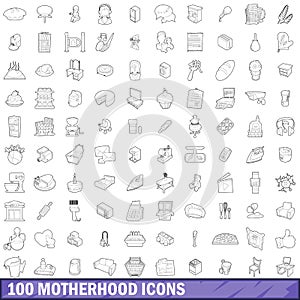 100 motherhood icons set, outline style