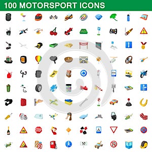 100 motorsport icons set, cartoon style