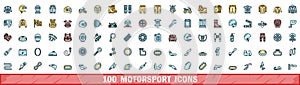 100 motorsport icons set, color line style