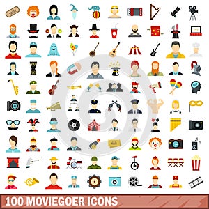 100 moviegoer icons set, flat style