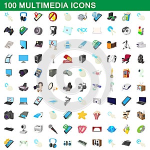 100 multimedia icons set, cartoon style