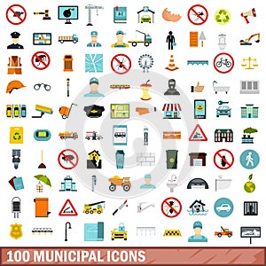 100 municipal icons set, flat style