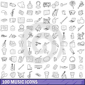 100 music icons set, outline style