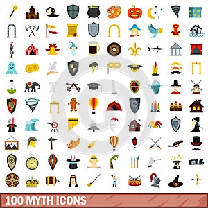 100 myth icons set, flat style