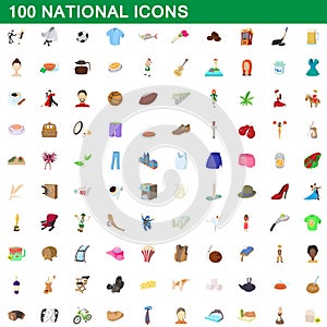 100 national icons set, cartoon style