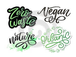 100 natural green lettering sticker with brushpen calligraphy. Eco friendly concept for stickers, banners, cards, advertisement.