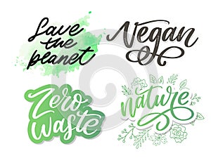 100 natural green lettering sticker with brushpen calligraphy. Eco friendly concept for stickers, banners, cards, advertisement.