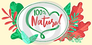 100 natural green lettering sticker with colorful big leaves. Eco friendly concept for stickers