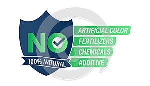 `100% natural, no artificial color, fertilizers, chemicals and additives` vector icon.