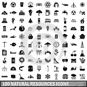 100 natural resources icons set, simple style