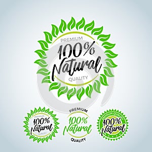 100% Natural Vector Lettering Stamp Illustration. Nature logo, green tropical leaves icon, line stylized, round emblem.