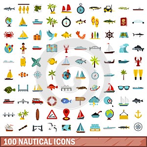 100 nautical icons set, flat style
