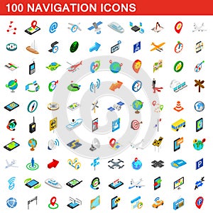 100 navigation icons set, isometric 3d style