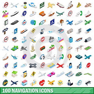 100 navigation icons set, isometric 3d style