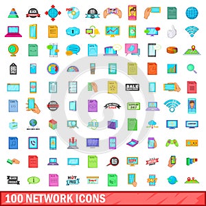 100 network icons set, cartoon style