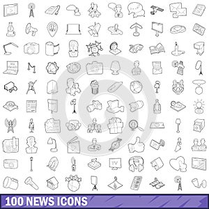 100 news icons set, outline style