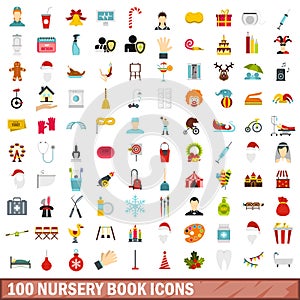 100 nursery book icons set, flat style