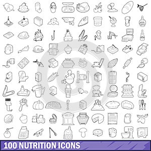 100 nutrition icons set, outline style