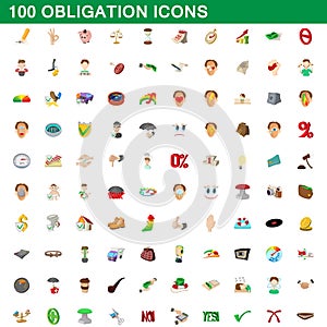 100 obligation icons set, cartoon style