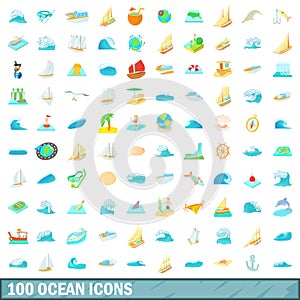 100 ocean icons set, cartoon style