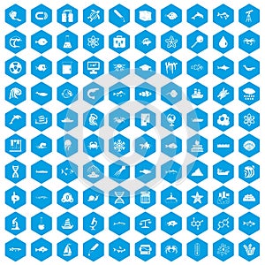 100 oceanology icons set blue