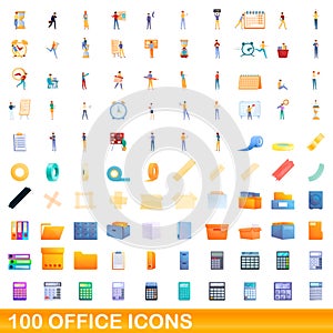 100 office icons set, cartoon style