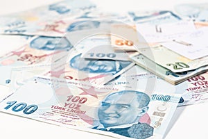 100, One hundred banknote Turkish Lira Currency stacked up on white background for business, finance and exchange. Forex and