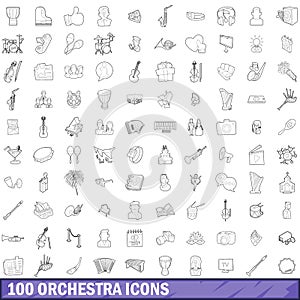 100 orchestra icons set, outline style