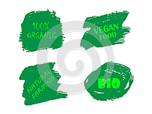 100% Organic, bio, eco, natural product, vegan food, natural farming, vegetarian labels Vector collection of paint brush strokes