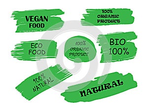 100% Organic, bio, eco, natural product, vegan food, natural farming, vegetarian labels. Vector collection of paint brush strokes