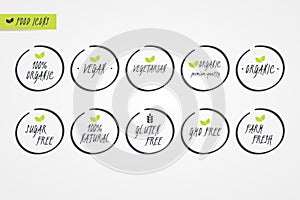100% Organic Natural Gluten Sugar GMO Free Vegan Vegetarian Farm Fresh label. Food logo icons. Circle signs isolated