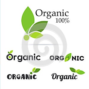100% organic product logo set. Natural food labels. Fresh farm s