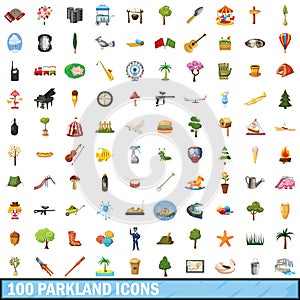 100 parkland icons set, cartoon style