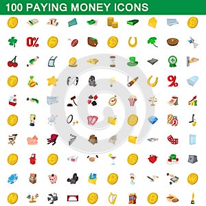 100 paying money icons set, cartoon style