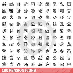 100 pension icons set, outline style