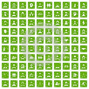 100 people icons set grunge green