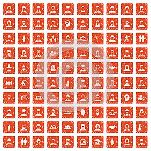 100 people icons set grunge orange