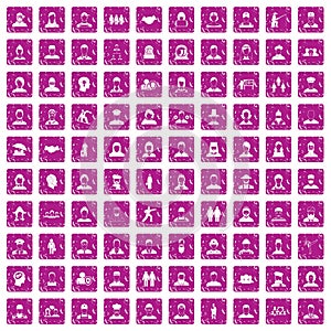 100 people icons set grunge pink