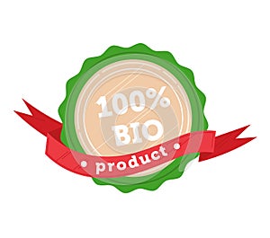 100 percent bio product seal with red ribbon. Organic certification badge, eco-friendly product label. Vector