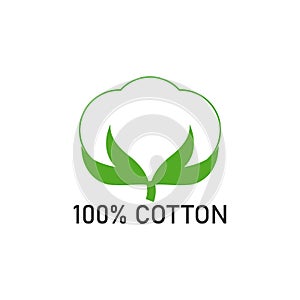 100 percent cotton fabric. Vector label and icon on blank background. Isolated drawing.