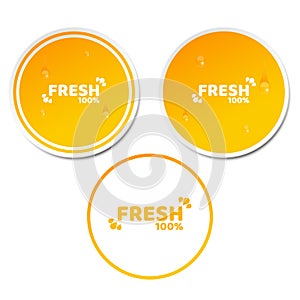 100 percent fresh product. Set of orange stickers in 3d style. Flowing drops of water. Natural product. Fresh orange juice. Ecolog