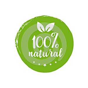 100 percent natural, round label green stamp, natural product symbol, vector illustration isolated on white background