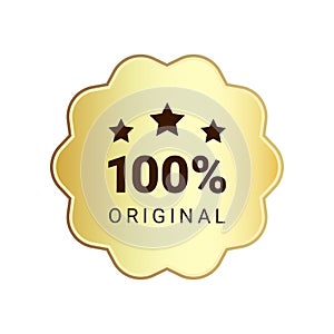 100 percent original product gold label sign. Round premium quality product guarantee logo with stars. Vector golden