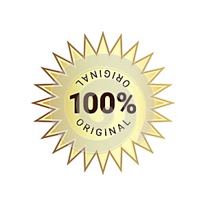 100 percent original product label sign. Round golden premium quality product guarantee logo. Gold starburst badge