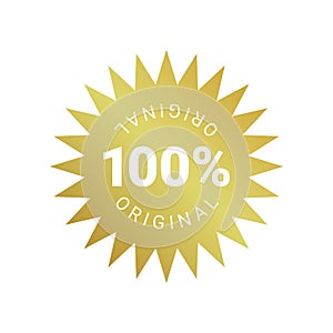 100 percent original product label sign. Round golden premium quality product guarantee logo. Simple gold starburst