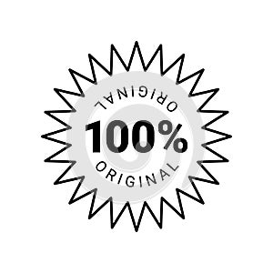100 percent original product label sign. Round premium quality product guarantee logo. Black starburst badge, rubber