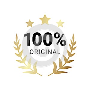 100 percent original product label sign. Round premium quality product guarantee logo with stars and laurel crown