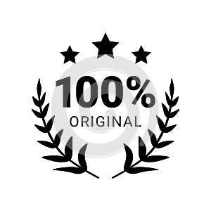 100 percent original product label sign. Round premium quality product guarantee logo with stars and laurel crown