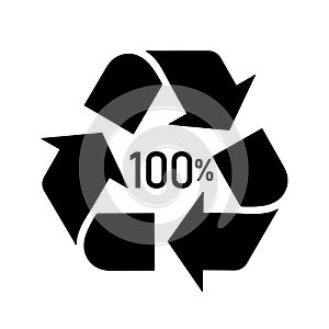 100 percent recycled material sign, bio matter organic material recycling symbol one hundred percent, black filled vector element