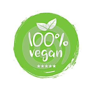 100 percent vegan logo vector icon. Vegetarian organic food label badge with leaf. Green natural vegan symbol